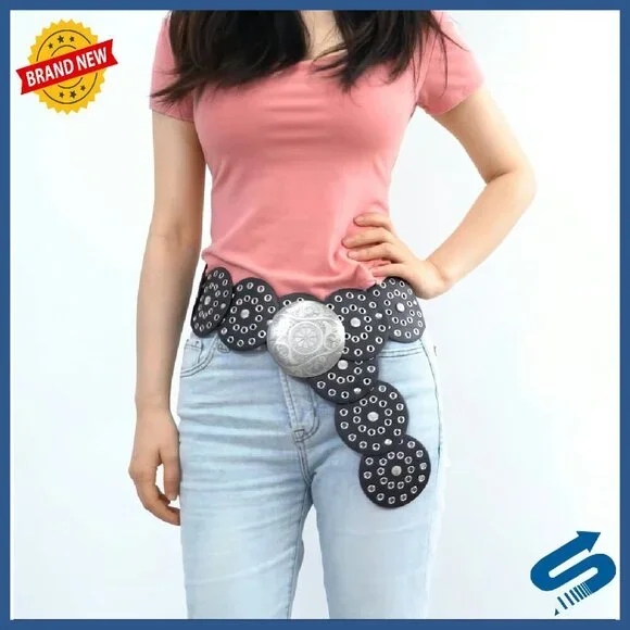 Western Hollow Disc Leather Belt Wide Adjustable Cowgirl Style - Picture 8 of 8